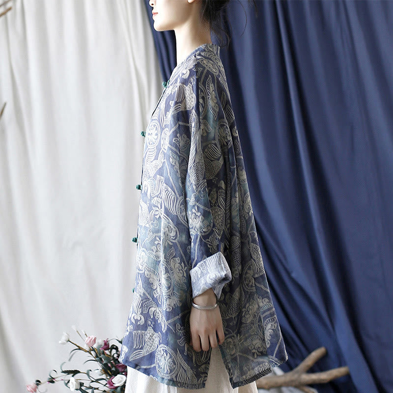 Buddha Stones Birds Flowers Geometry Frog-Button Long Sleeve Ramie Linen Jacket Shirt