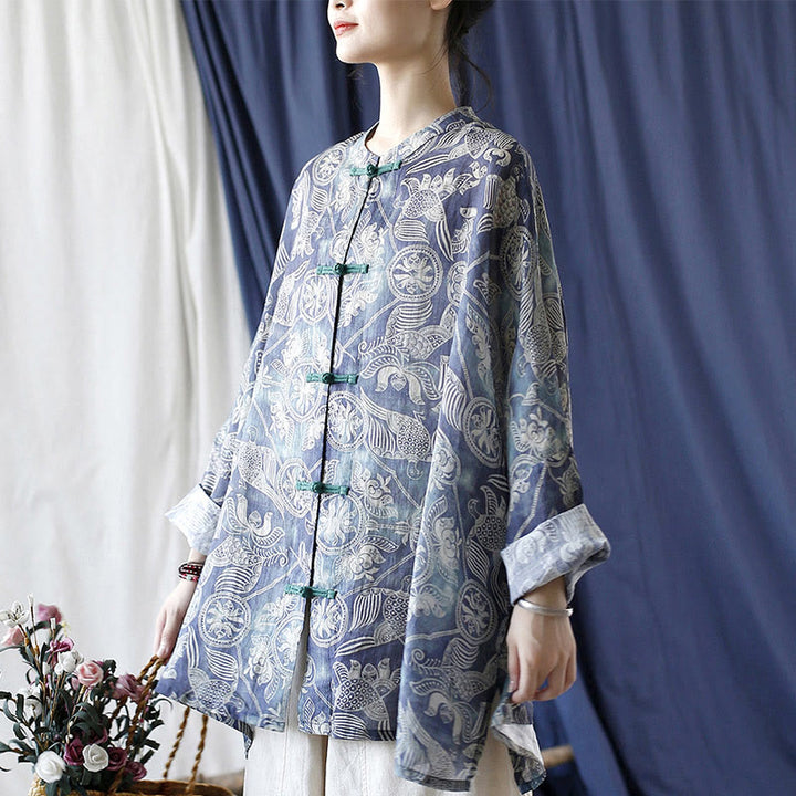 Buddha Stones Birds Flowers Geometry Frog-Button Long Sleeve Ramie Linen Jacket Shirt - image 22
