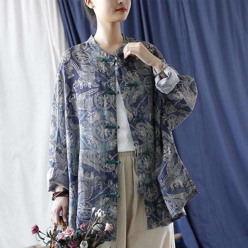 Buddha Stones Birds Flowers Geometry Frog-Button Long Sleeve Ramie Linen Jacket Shirt