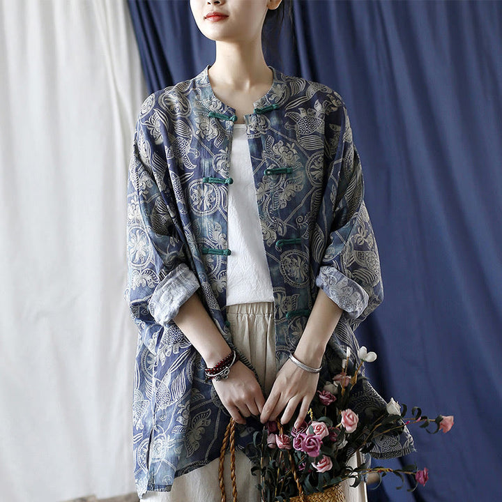 Buddha Stones Birds Flowers Geometry Frog-Button Long Sleeve Ramie Linen Jacket Shirt - image 26