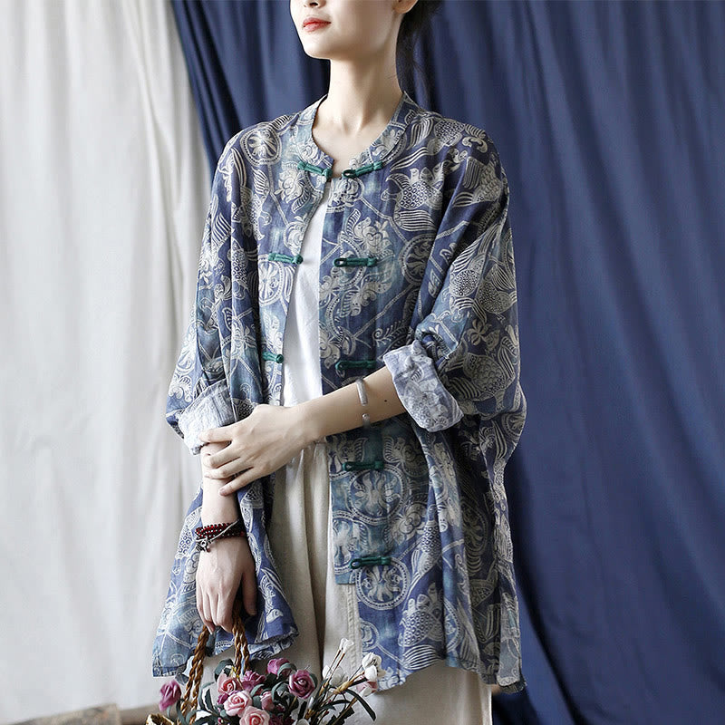 Buddha Stones Birds Flowers Geometry Frog-Button Long Sleeve Ramie Linen Jacket Shirt