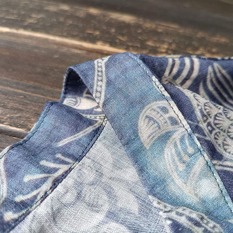 Buddha Stones Birds Flowers Geometry Frog-Button Long Sleeve Ramie Linen Jacket Shirt - image 7