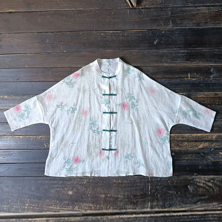 Buddha Stones White Red Flowers Green Leaves Frog-Button Long Sleeve Ramie Linen Jacket Shirt