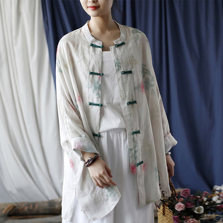 Buddha Stones White Red Flowers Green Leaves Frog-Button Long Sleeve Ramie Linen Jacket Shirt