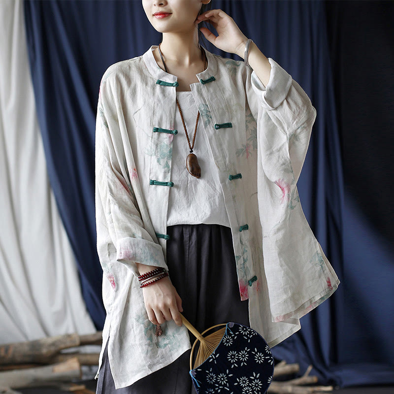 Buddha Stones White Red Flowers Green Leaves Frog-Button Long Sleeve Ramie Linen Jacket Shirt