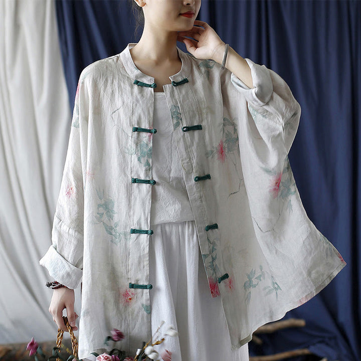 Buddha Stones White Red Flowers Green Leaves Frog-Button Long Sleeve Ramie Linen Jacket Shirt