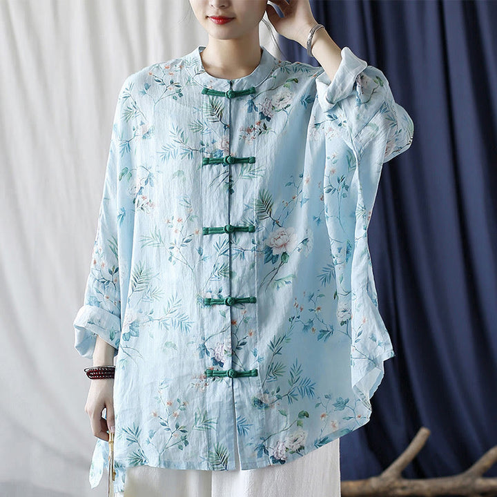 Buddha Stones Light Green Pink Flowers Green Leaves Frog-Button Long Sleeve Ramie Linen Jacket Shirt - image 21