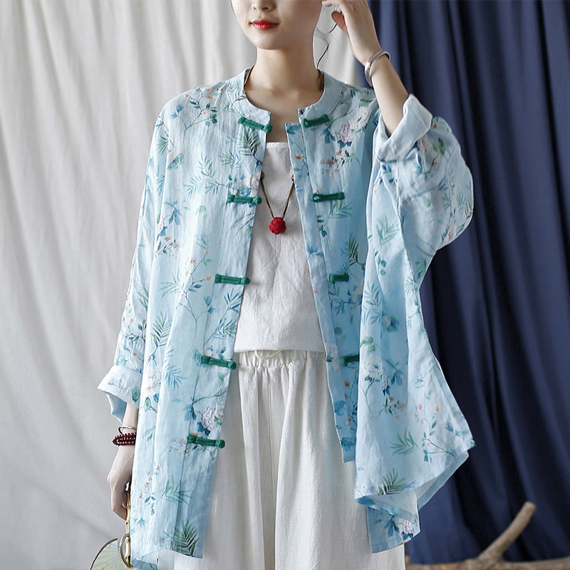 Buddha Stones Light Green Pink Flowers Green Leaves Frog-Button Long Sleeve Ramie Linen Jacket Shirt