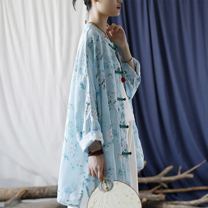 Buddha Stones Light Green Pink Flowers Green Leaves Frog-Button Long Sleeve Ramie Linen Jacket Shirt - image 5