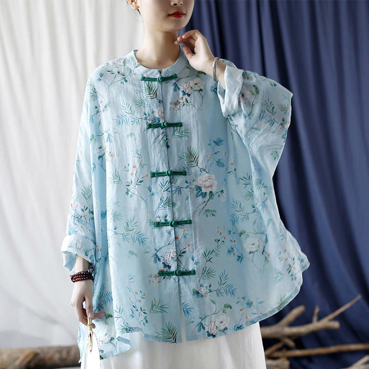 Buddha Stones Light Green Pink Flowers Green Leaves Frog-Button Long Sleeve Ramie Linen Jacket Shirt