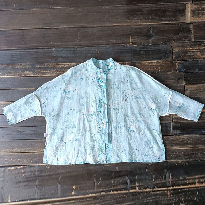 Buddha Stones Light Green Pink Flowers Green Leaves Frog-Button Long Sleeve Ramie Linen Jacket Shirt