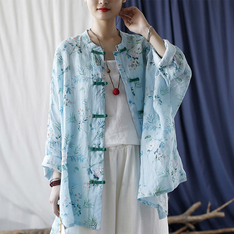 Buddha Stones Light Green Pink Flowers Green Leaves Frog-Button Long Sleeve Ramie Linen Jacket Shirt