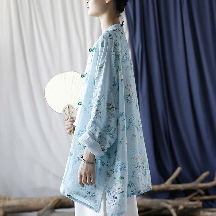 Buddha Stones Light Green Pink Flowers Green Leaves Frog-Button Long Sleeve Ramie Linen Jacket Shirt