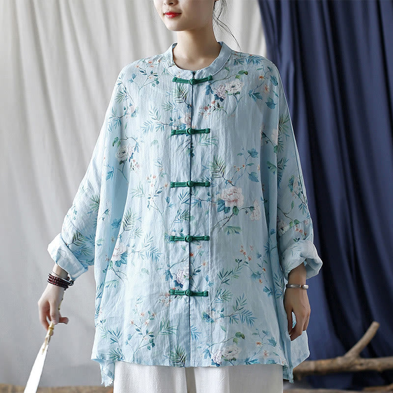 Buddha Stones Light Green Pink Flowers Green Leaves Frog-Button Long Sleeve Ramie Linen Jacket Shirt