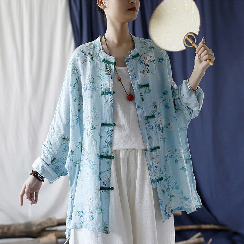 Buddha Stones Light Green Pink Flowers Green Leaves Frog-Button Long Sleeve Ramie Linen Jacket Shirt