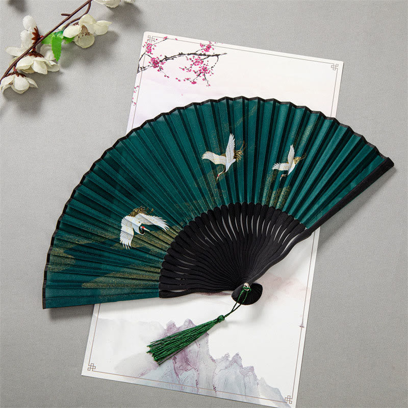 Buddha Stones Flying White Crane Sun Cloud Handheld Silk Bamboo Folding Fan 22cm - Green Three Flying Cranes 22cm - image 7
