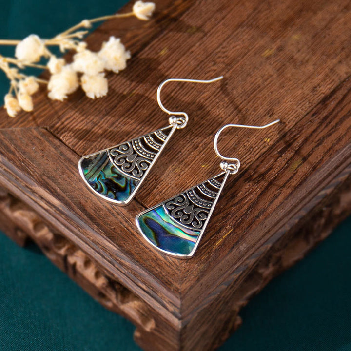 Buddha Stones Copper Tridacna Stone Hollow Pattern Blessing Drop Earrings - image 2