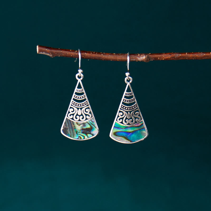 Buddha Stones Copper Tridacna Stone Hollow Pattern Blessing Drop Earrings - Tridacna Stone Hollow Pattern Earrings(Copper Posts) - image 0