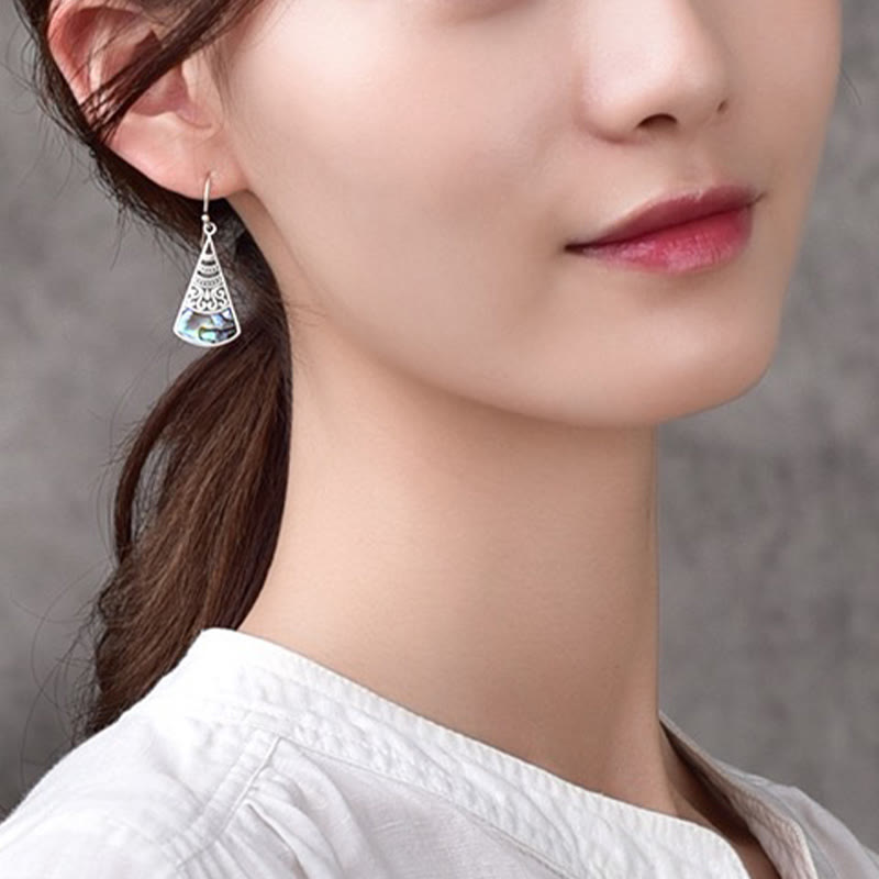 Buddha Stones Copper Tridacna Stone Hollow Pattern Blessing Drop Earrings - image 4