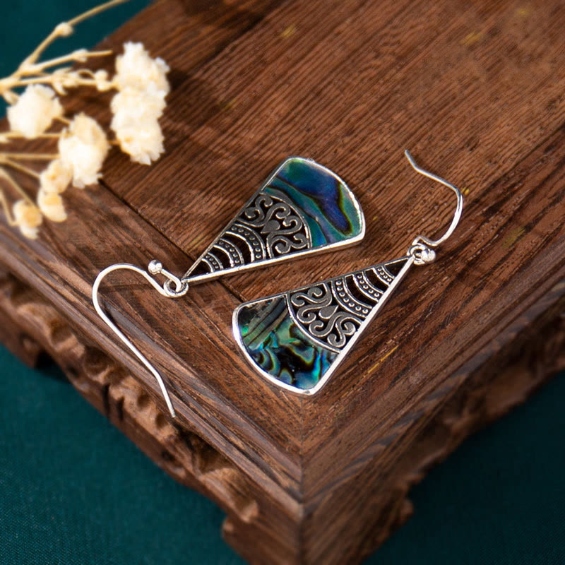 Buddha Stones Copper Tridacna Stone Hollow Pattern Blessing Drop Earrings - image 3