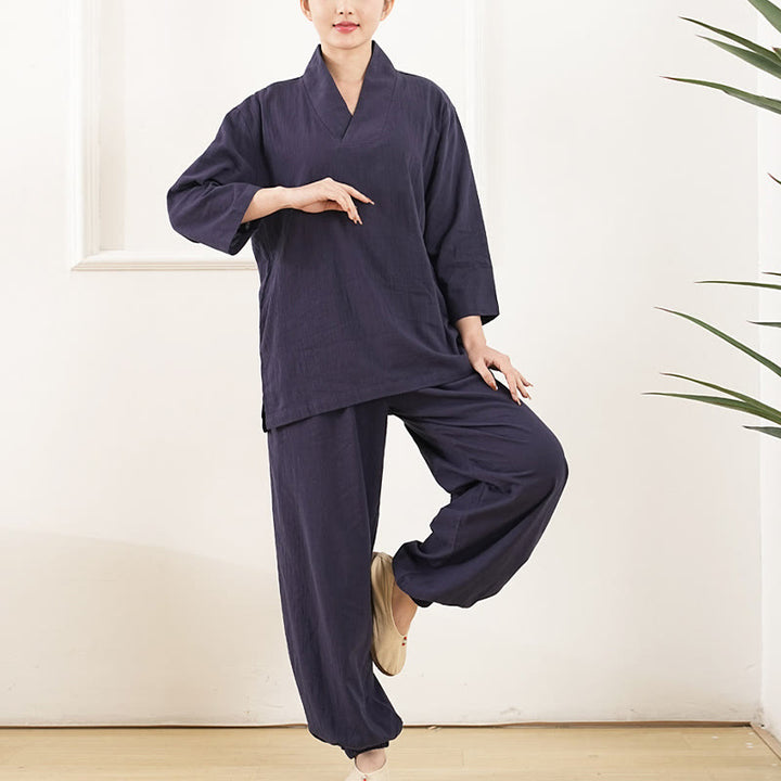 Buddha Stones 2Pcs V-Neck Three Quarter Sleeve Shirt Top Pants Meditation Zen Tai Chi Clothing Women's Set - image 11
