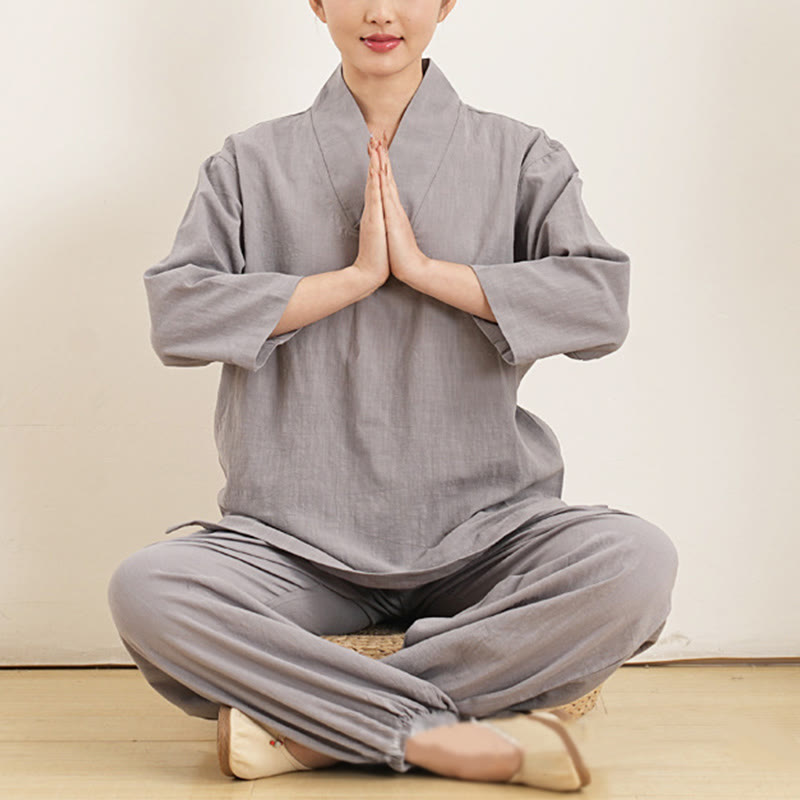 Buddha Stones 2Pcs V-Neck Three Quarter Sleeve Shirt Top Pants Meditation Zen Tai Chi Cotton Linen Clothing Women's Set