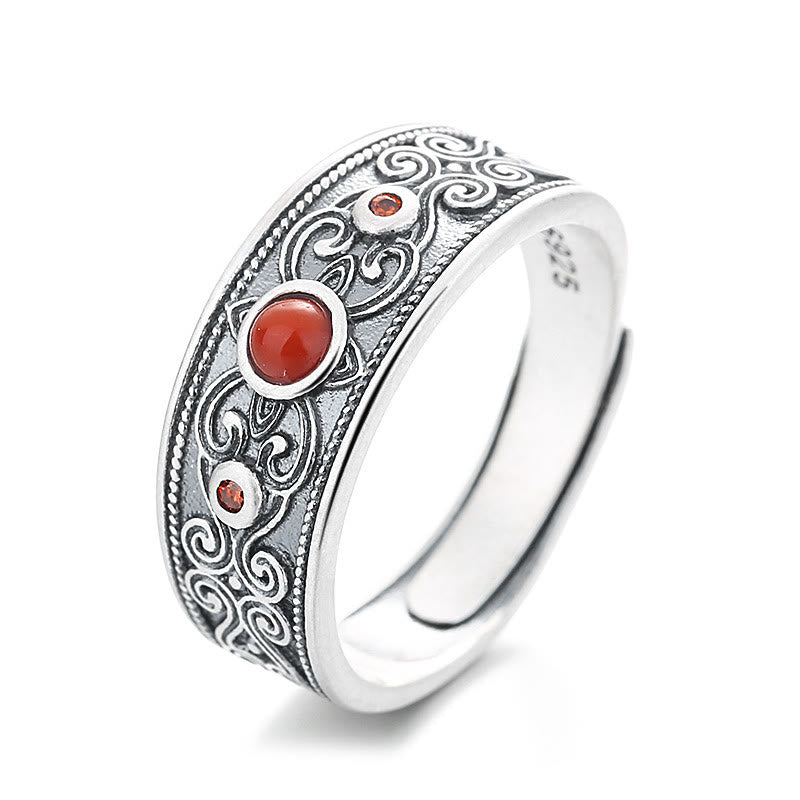 Buddha Stones 925 Sterling Silver Embedded Red Agate Auspicious Clouds Logical Thinking Ring - Red Agate 3.4g(Adjustable) - image 4