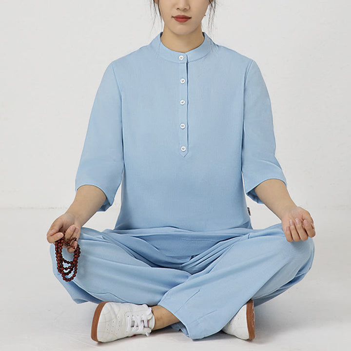 Buddha Stones 2Pcs Buttons Three Quarter Sleeve Shirt Top Pants Meditation Zen Tai Chi Cotton Linen Clothing Women's Set