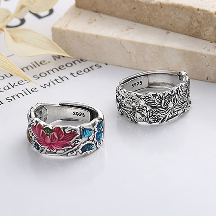 Buddha Stones 925 Sterling Silver Koi Fish Lotus Flower Prosperity Ring - image 1