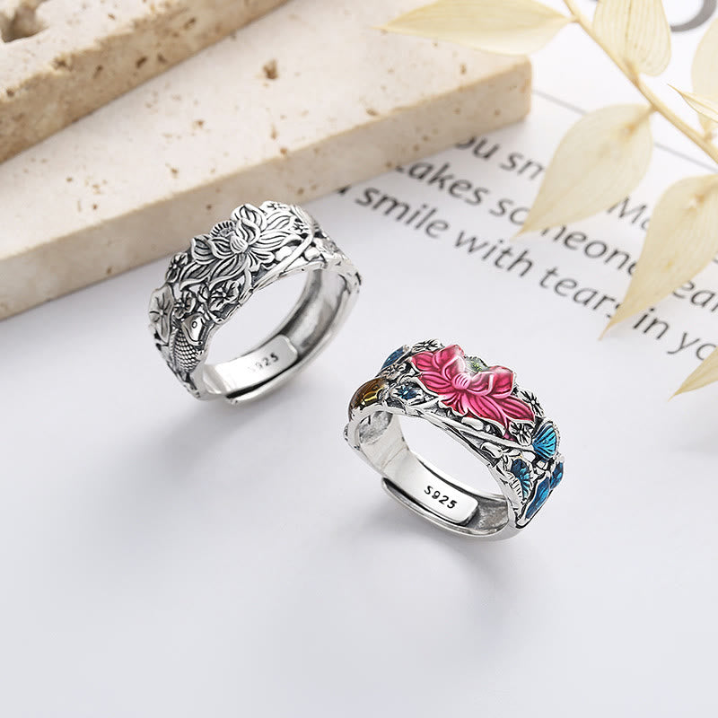 Buddha Stones 925 Sterling Silver Koi Fish Lotus Flower Prosperity Ring - image 0