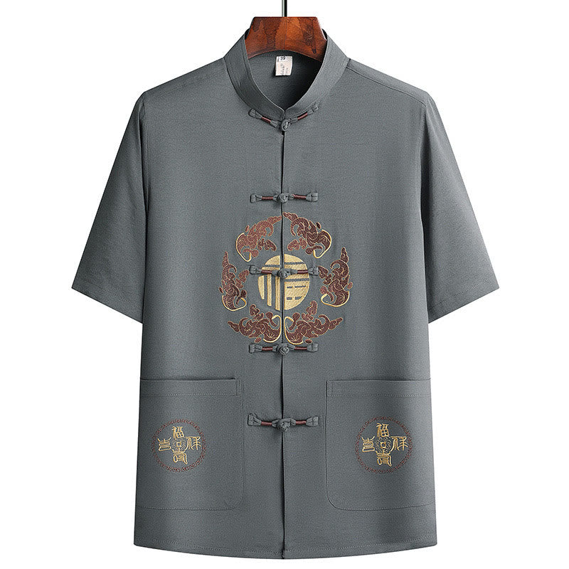 Buddha Stones Fu Character Tang Suit Hanfu Traditional Uniform Short Sleeve Top Pants Clothing Men's Set - image 2