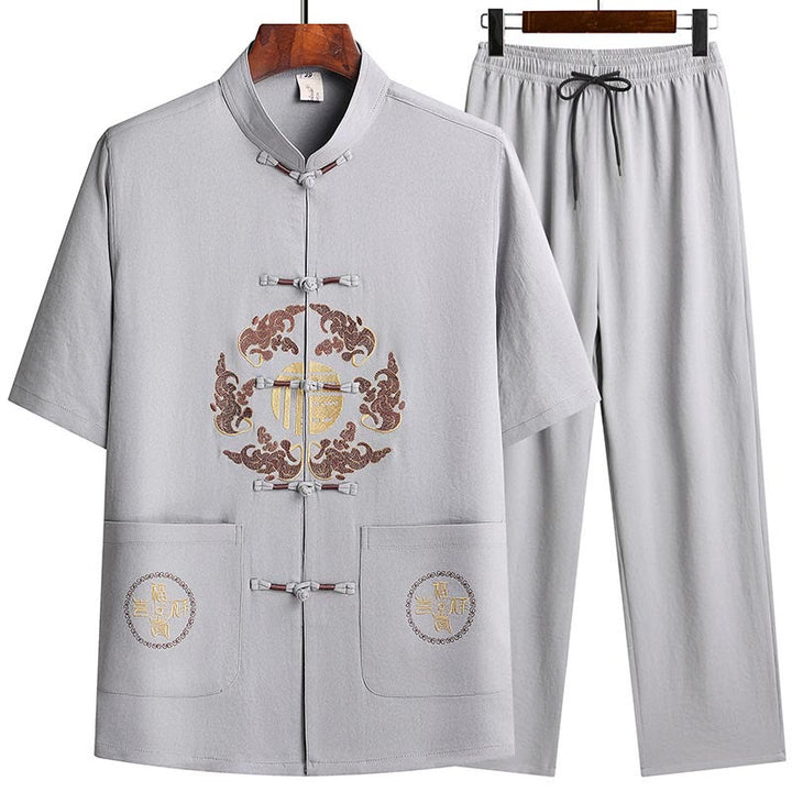 Buddha Stones Fu Character Tang Suit Hanfu Traditional Uniform Short Sleeve Top Pants Clothing Men's Set