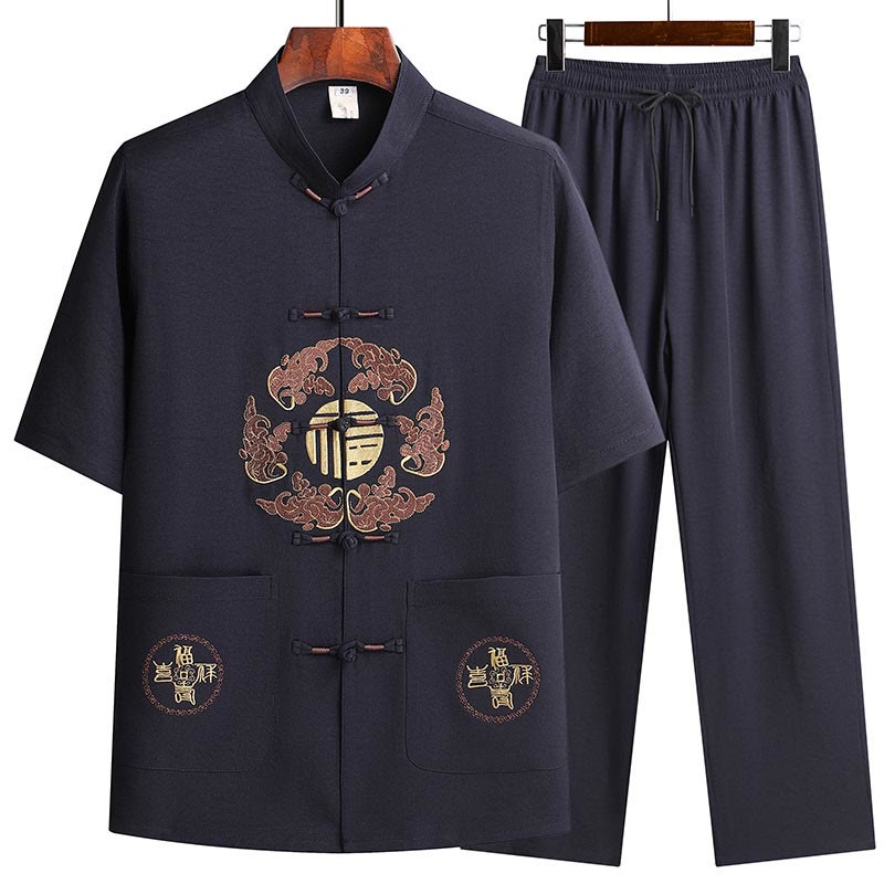 Buddha Stones Fu Character Tang Suit Hanfu Traditional Uniform Short Sleeve Top Pants Clothing Men's Set