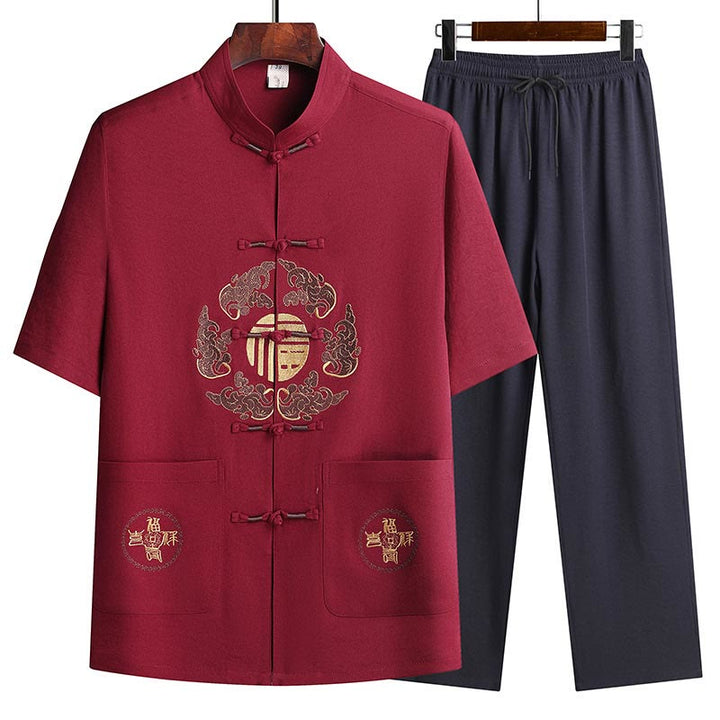 Buddha Stones Fu Character Tang Suit Hanfu Traditional Uniform Short Sleeve Top Pants Clothing Men's Set - Red(Top&Pants) - US/UK/AU42，EU52 (3XL)  - image 21