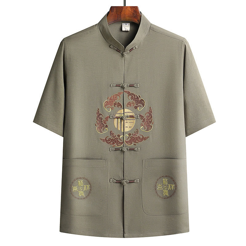Buddha Stones Fu Character Tang Suit Hanfu Traditional Uniform Short Sleeve Top Pants Clothing Men's Set - image 25