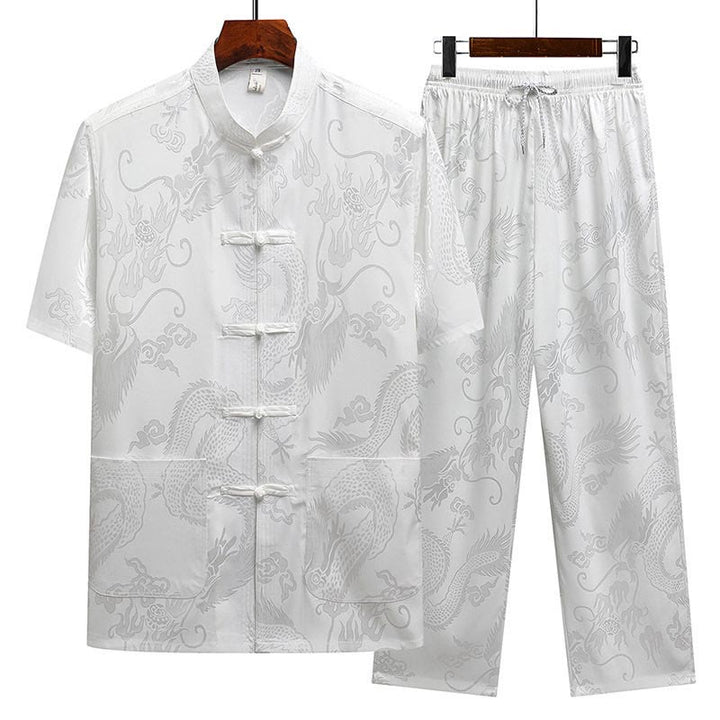 Buddha Stones Dragon Pattern Tang Suit Hanfu Traditional Uniform Short Sleeve Top Pants Clothing Men's Set - White(Top&Pants) - US/UK/AU44，EU54 (4XL) - image 17