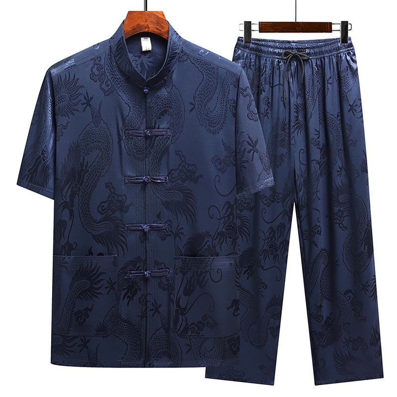 Buddha Stones Dragon Pattern Tang Suit Hanfu Traditional Uniform Short Sleeve Top Pants Clothing Men's Set