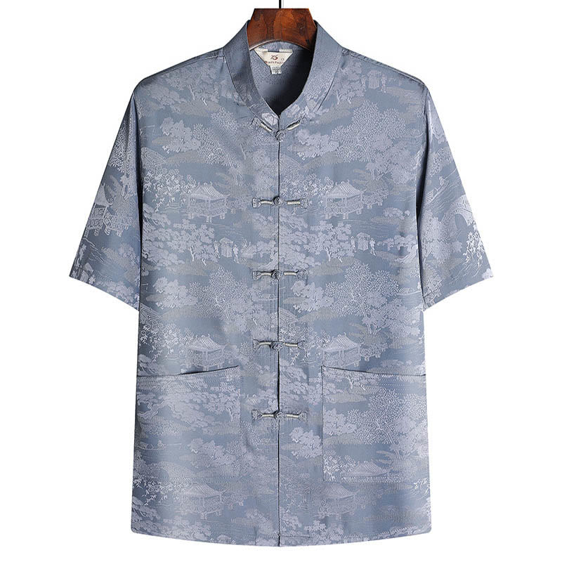 Buddha Stones Pine Tree Pavilion Garden Tang Suit Hanfu Traditional Uniform Short Sleeve Top Pants Clothing Men's Set - Gray - Top - US/UK/AU44，EU54 (4XL) - image 1