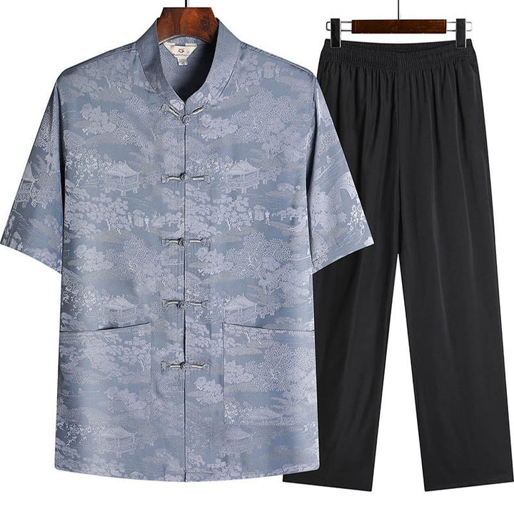 Buddha Stones Pine Tree Pavilion Garden Tang Suit Hanfu Traditional Uniform Short Sleeve Top Pants Clothing Men's Set - Gray - Top&Pants - US/UK/AU44，EU54 (4XL) - image 0