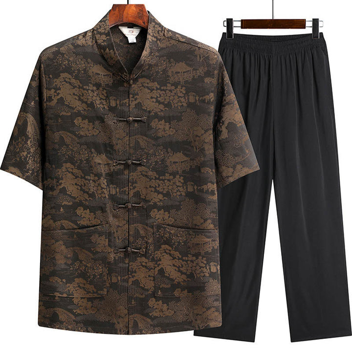 Buddha Stones Pine Tree Pavilion Garden Tang Suit Hanfu Traditional Uniform Short Sleeve Top Pants Clothing Men's Set - Brown - Top&Pants - US/UK/AU44，EU54 (4XL) - image 2