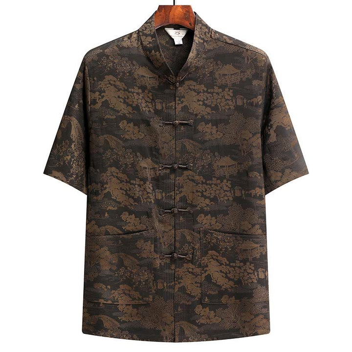 Buddha Stones Pine Tree Pavilion Garden Tang Suit Hanfu Traditional Uniform Short Sleeve Top Pants Clothing Men's Set - Brown - Top - US/UK/AU44，EU54 (4XL) - image 3