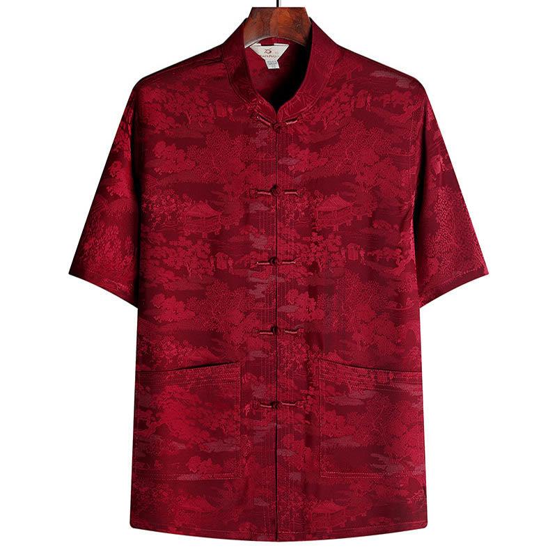 Buddha Stones Pine Tree Pavilion Garden Tang Suit Hanfu Traditional Uniform Short Sleeve Top Pants Clothing Men's Set - Red - Top - US/UK/AU44，EU54 (4XL) - image 12