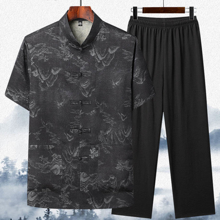 Buddha Stones Mountains Trees Tang Suit Hanfu Traditional Uniform Short Sleeve Top Pants Clothing Men's Set - Black - Top&Pants - US/UK/AU42，EU52 (3XL)  - image 10