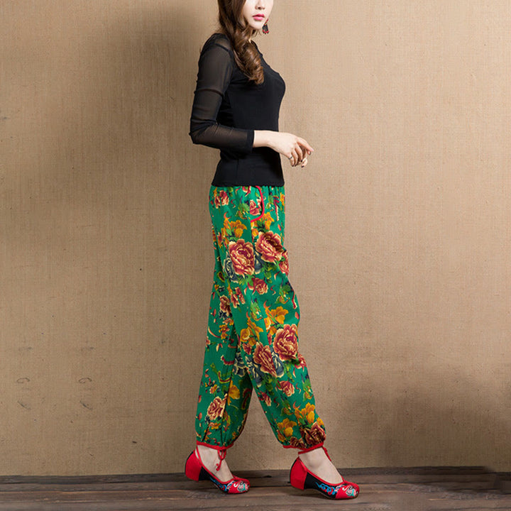 Buddha Stones Ethnic Style Red Green Flowers Print Harem Pants With Pockets - image 44