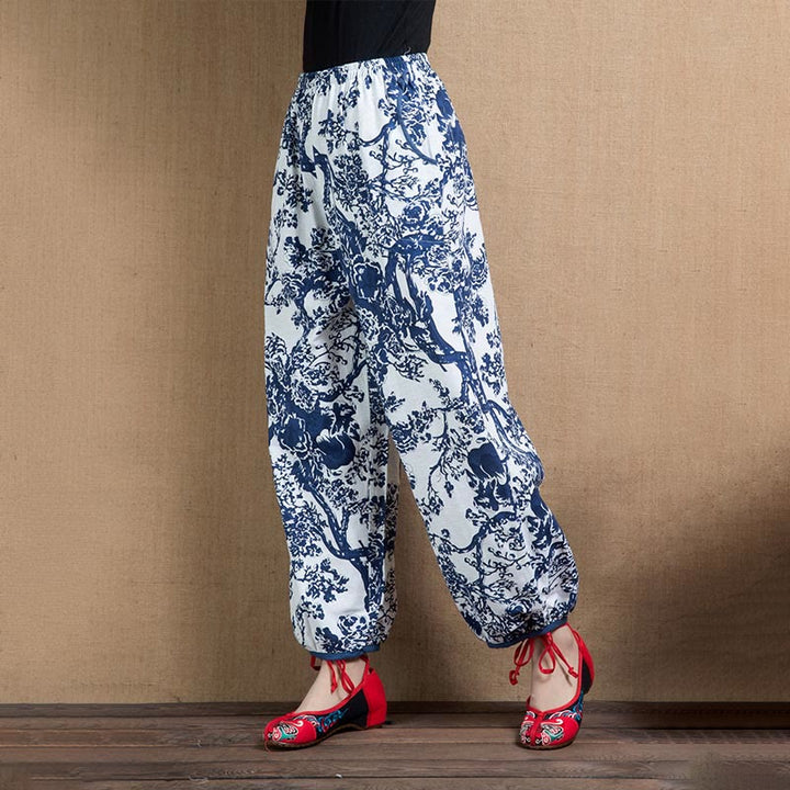 Buddha Stones Blue Tree Flowers Print Harem Pants With Pockets