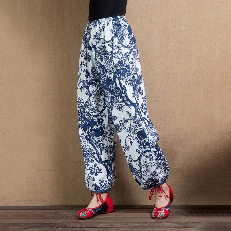 Buddha Stones Blue Tree Flowers Print Harem Pants With Pockets - image 1