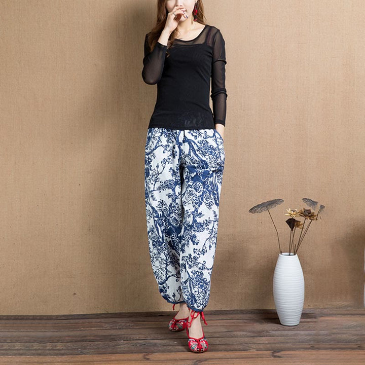 Buddha Stones Blue Tree Flowers Print Harem Pants With Pockets