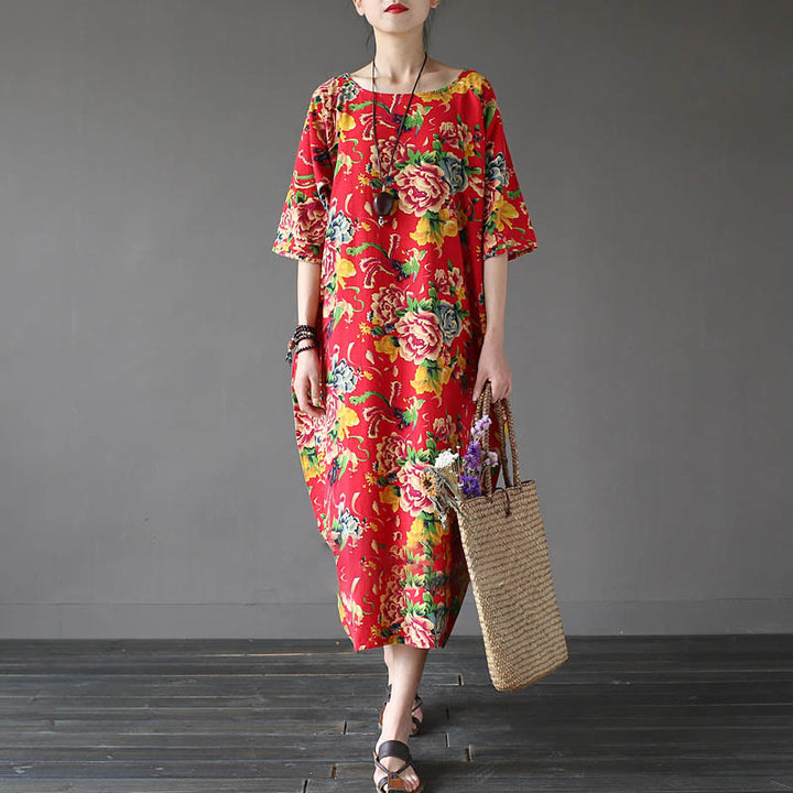 Buddha Stones Red Peony Flowers Printed Midi Dress Half Sleeve Cotton Linen Dress - image 6