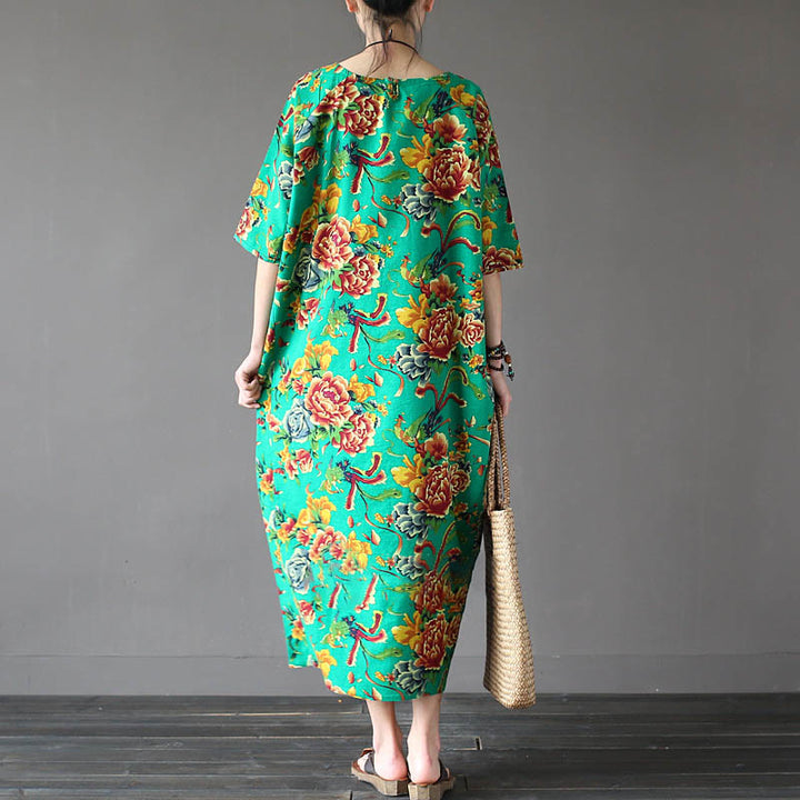 Buddha Stones Red Peony Flowers Printed Midi Dress Half Sleeve Cotton Linen Dress - image 10