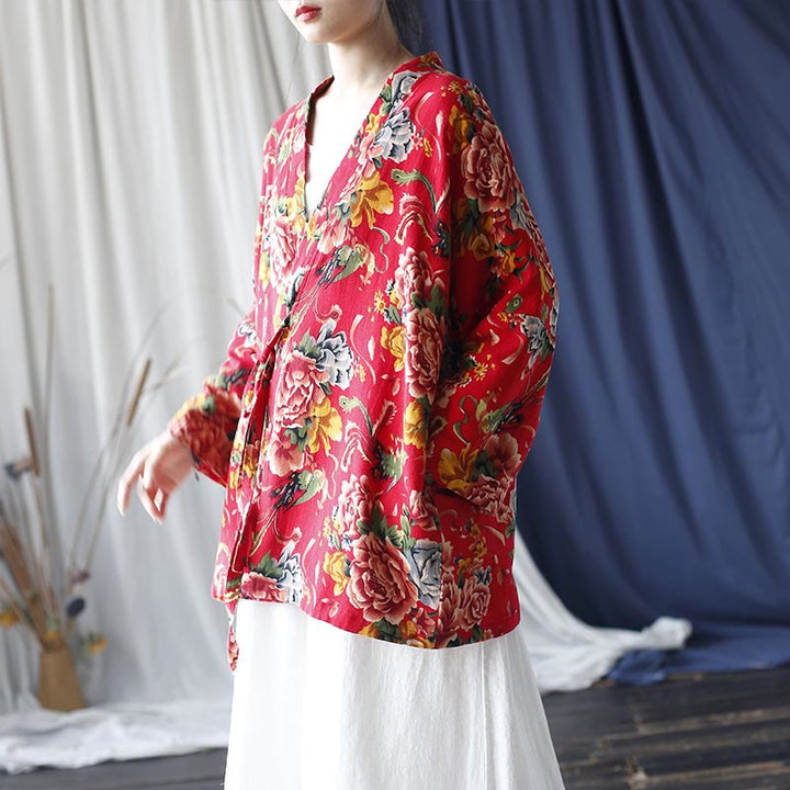 Buddha Stones Ethnic Style Northeast Red Flower Peony Print Cotton Linen Lace Up Jacket